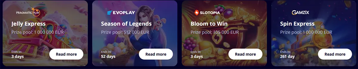 Casino tournament cards featuring Jelly Express, Season of Legends, Bloom to Win, and Spin Express, each showing prize pool amounts, countdown timers, and “Read more” buttons on a dark interface.