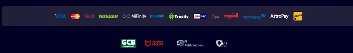 Footer banner showing payment method logos including Visa, Mastercard, Skrill, Neteller, MiFinity, paysafe, Trustly, giropay, eps, Rapid Transfer, Nordea, AstroPay, and Interac, plus security and certification badges below on a dark blue background.