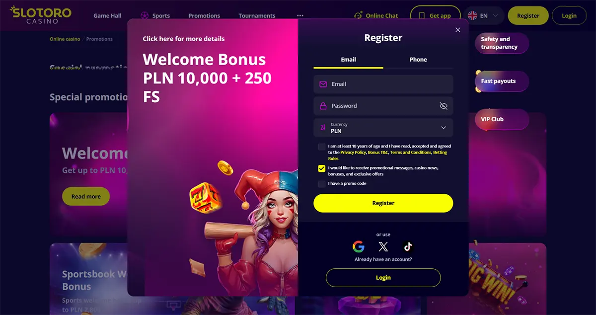 Casino registration popup with a welcome bonus of PLN 10,000 plus 250 free spins, featuring a colorful jester illustration, email and password fields, currency selection, and a bright yellow register button on a dark neon background.